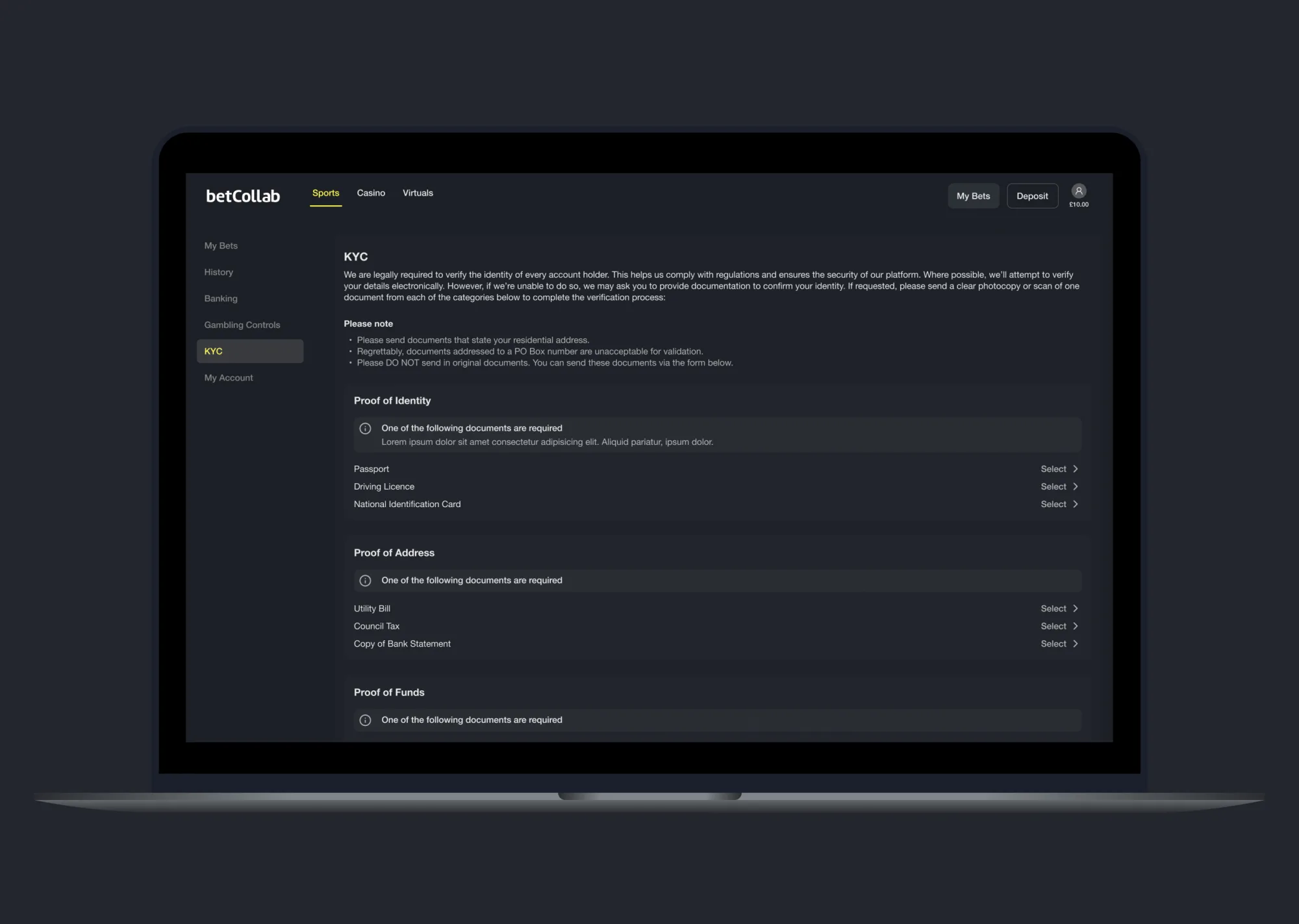 betCollab KYC flow