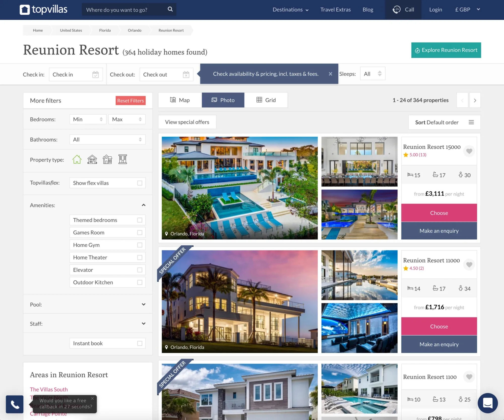 Top Villas listing page